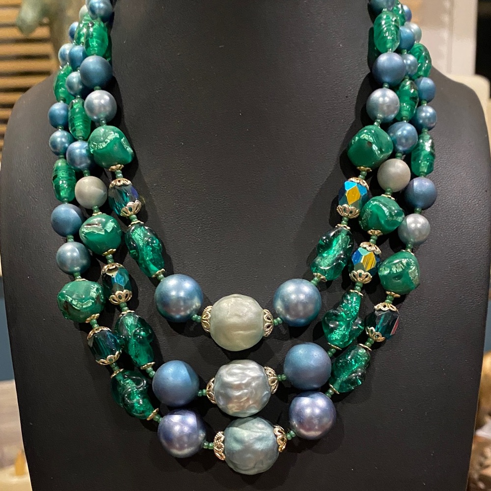 Japan Signed Green and Blue Beaded Necklace. Art Glass and AB